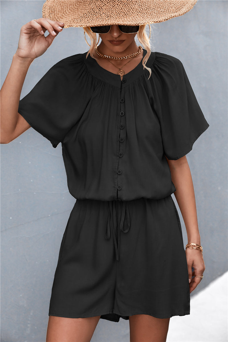 Women's Solid Buttoned Gather Detail Romper