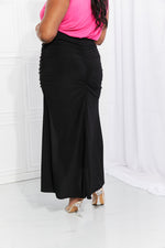 Full Size Up and Up Ruched Slit Maxi Skirt in Black