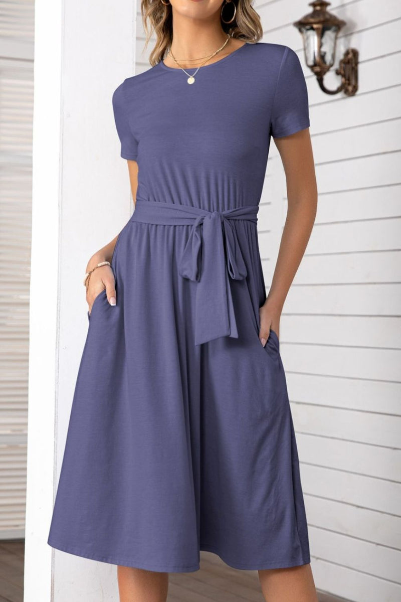 Women's Cute Casual Belted Tee Dress With Pockets