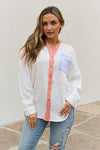 Women's Full Size Color Block Woven Button Down Top