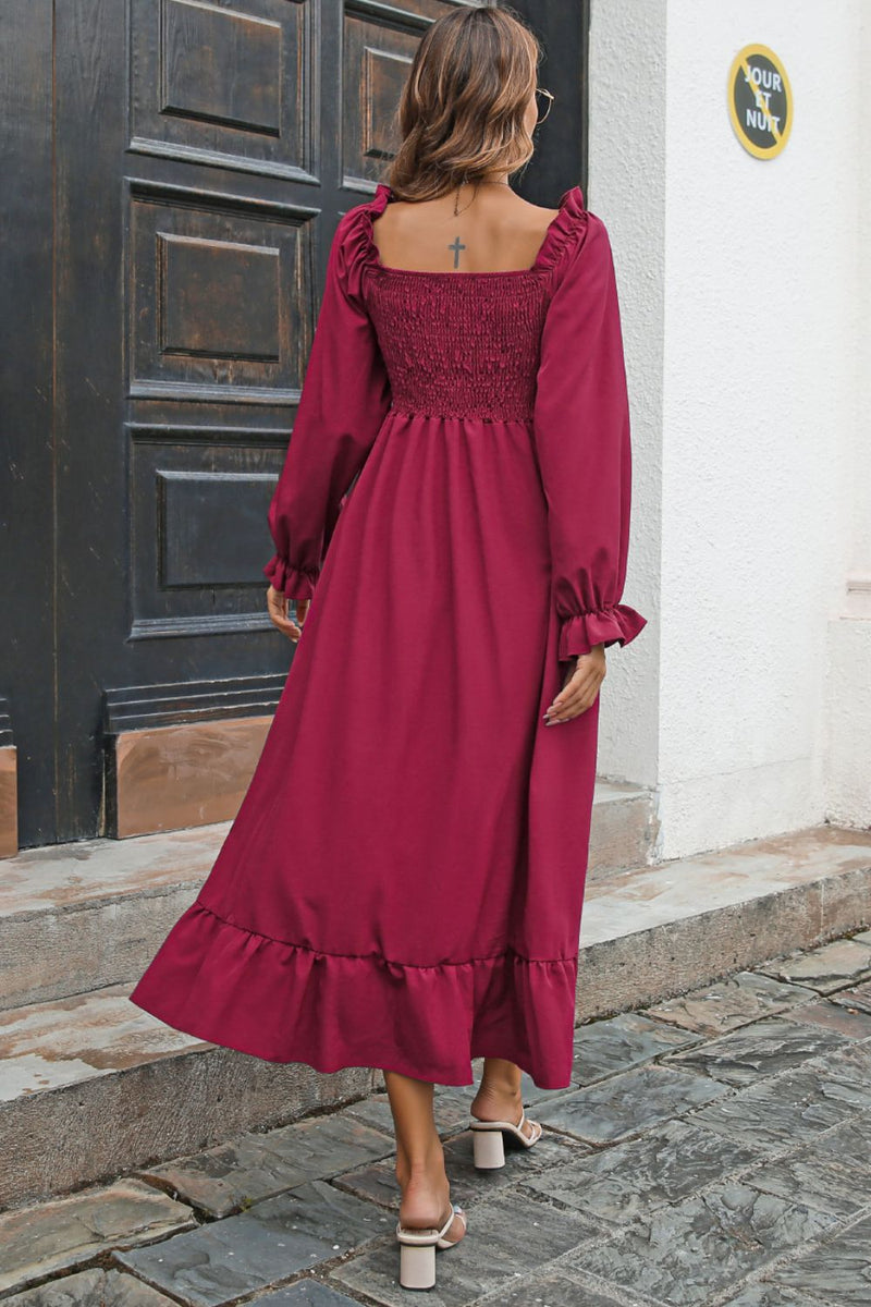Women's Smocked Ruffle Hem Flounce Sleeve Dress