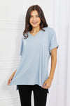 Comfy Full Size V-Neck Loose Fit Shirt in Blue
