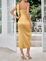 Sleeveless Ruched One-Shoulder Tie Front Dress