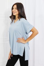 Comfy Full Size V-Neck Loose Fit Shirt in Blue