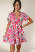 Multicolored Tie Neck Short Sleeve Tiered Dress
