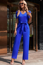 Women's Belted Puff Sleeve V-Neck Jumpsuit