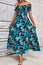 Women's Smocked Floral Off-Shoulder Slit Dress