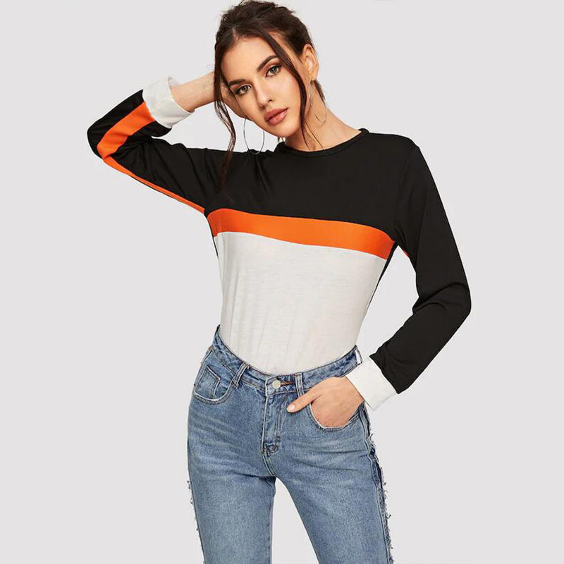 Color Block Round Neck Long Sleeve Tee