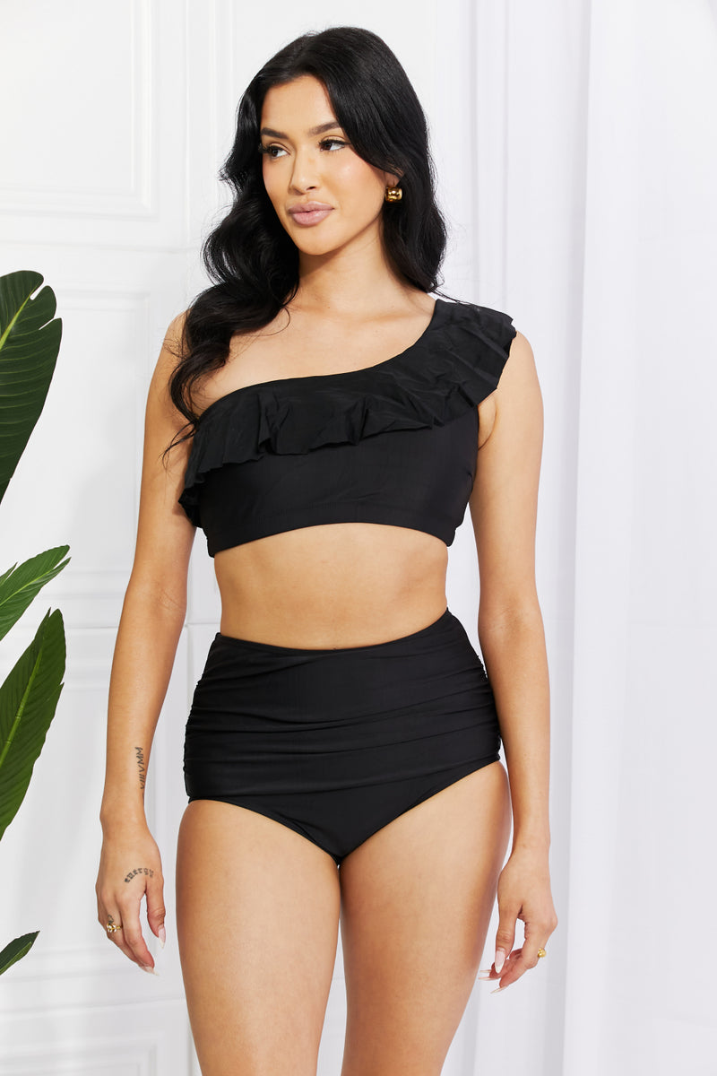 Women's Ruffle One-Shoulder Bikini in Black