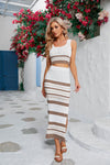 Striped Openwork Cropped Tank and Split Skirt Set