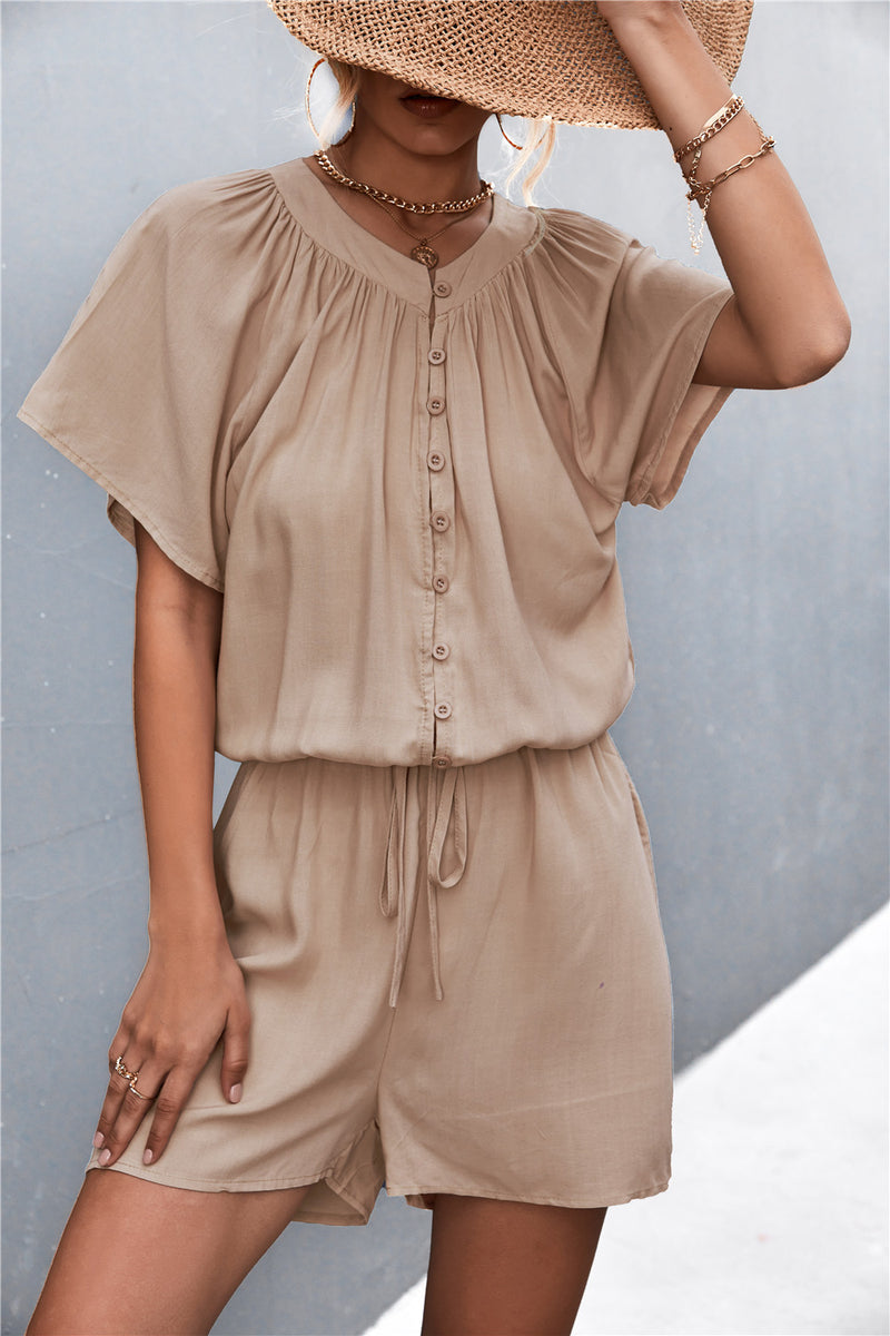 Women's Solid Buttoned Gather Detail Romper