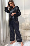 Contrast Piping Button-Up Top and Pants Pajama Set